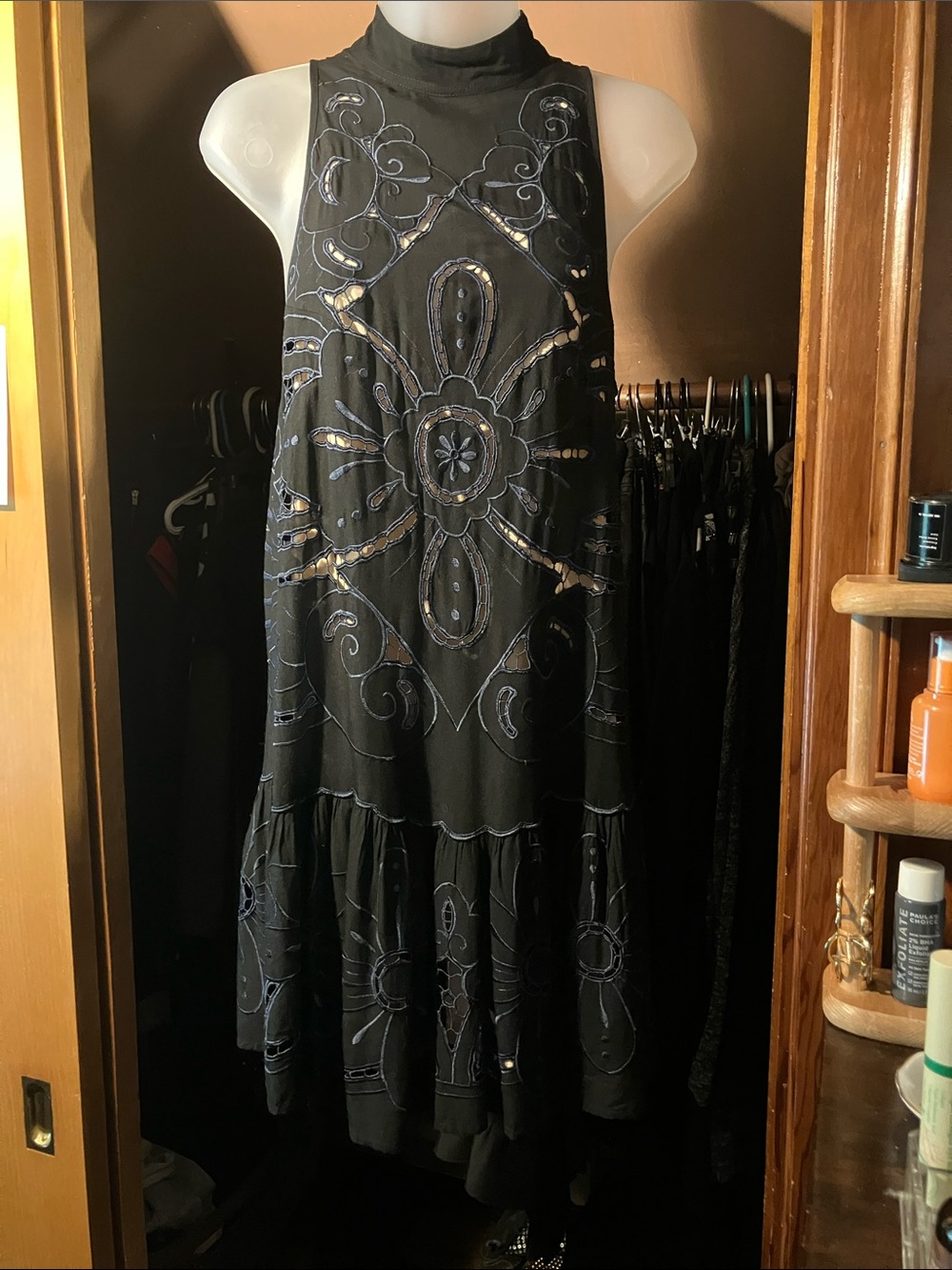 Free People Black Navy Embroidered Halter Mini Dress with Floral Cutouts